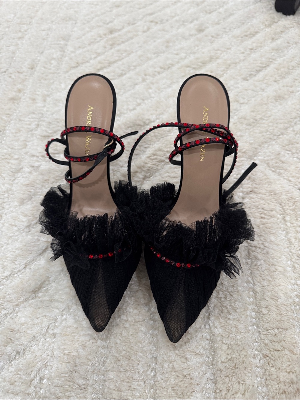 Black Tulle Pointed Mules with Red Crystal Straps by Alexandre Vauthier